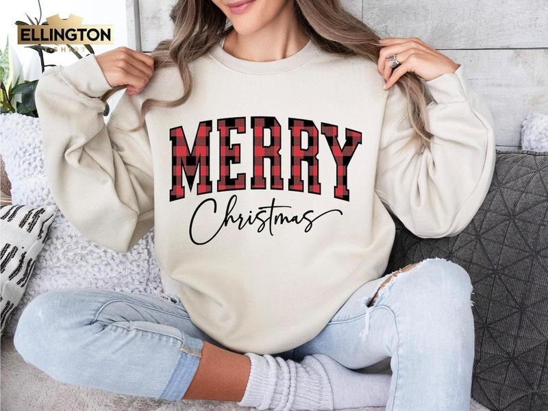 Buffalo Plaid Sweater, Merry Christmas Sweatshirt, Christmas Family crewneck, Xmas Gift Idea, Woman Xmas Shirt, Cute Winter Holiday Sweater