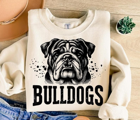 Bulldogs Mascot T-Shirt - Casual Long Sleeve Crewneck with Black and White Design, Trendy Athletic Style for Men Collar Fitted Seamless