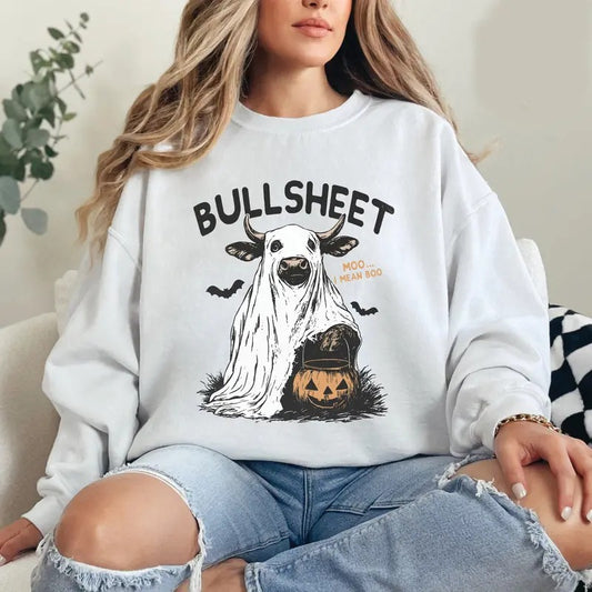 Bullsheet Moo I mean Boo Funny Halloween Cow T-shirt Sweatshirt, Pumpkin Spooky Season Unisex Classic T-Shirts in All Sizes All Color for Women for Men