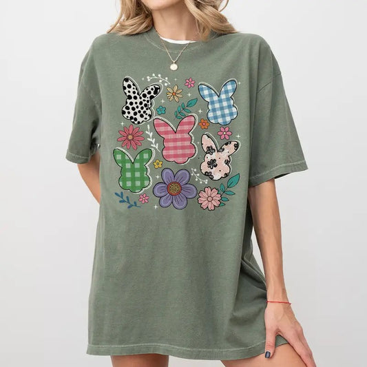 Bunny Easter Shirt, Cute Spring Bunny Tee, Floral Easter Outfit, Pastel Plaid Rabbit Shirt, Holiday Graphic Tee for Women
