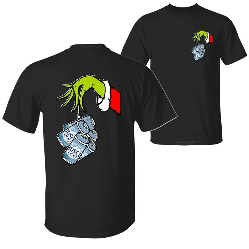Busch Light Christmas Movie The Grin Hand T-Shirt, Christmas Green Guy Holding Busch Beer Cans 2 Sided Graphic Printed Unisex Classic Cotton T-Shirts