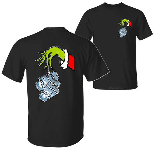 Busch Light Christmas Movie The Grin Hand T-Shirt, Christmas Green Guy Holding Busch Beer Cans 2 Sided Graphic Printed Unisex Classic Cotton T-Shirts