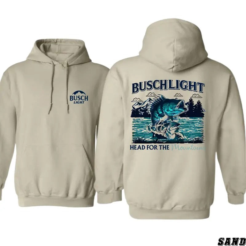 Busch Light Hoodie - Adventurous Fishing Graphic Featuring Mountain and Water Design, country boy clothing, hoodies for country girls, Perfect for Outdoor Enthusiasts and Fishing Fans, Unisex Hoodie for Comfort and Style Menswear Sweaters Tops Underwear