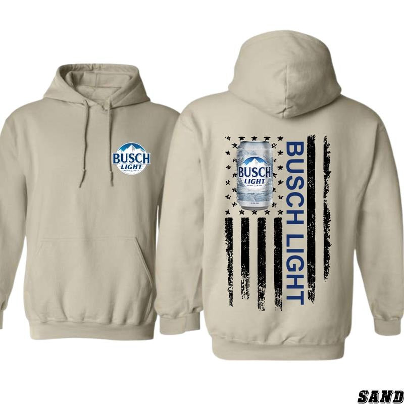 Busch Light Hoodie - American Flag and Beer Can Design, Perfect for Patriotic Beer Fans, Cozy and Bold Style - Menswear, Tops
