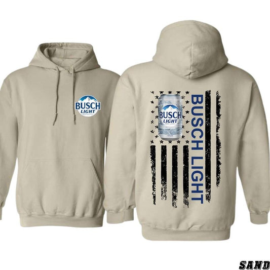 Busch Light Hoodie - American Flag and Beer Can Design, Perfect for Patriotic Beer Fans, Cozy and Bold Style - Menswear, Tops