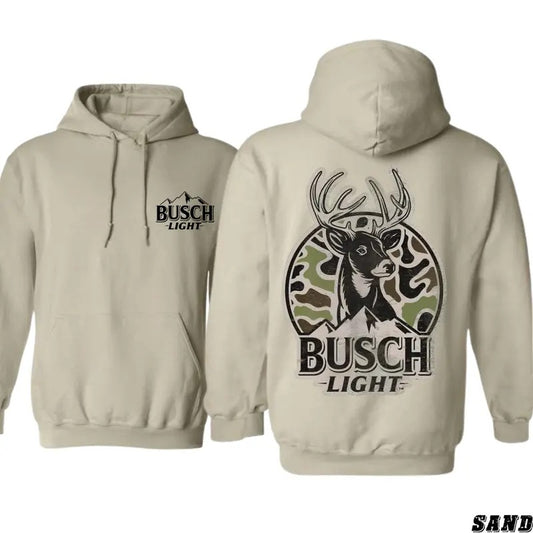 Busch Light Hoodie - Bold Deer Graphic with Camo Background, Ideal for Beer and Hunting Fans, Cozy and Outdoorsy Style - Menswear, Tops
