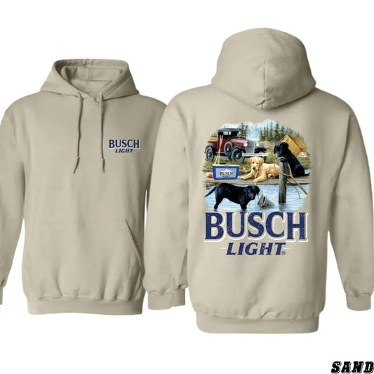 Busch Light Hoodie - Outdoor Adventure Design Featuring Dogs and Camping Scene, country boy clothing, Perfect for Lovers of the Great Outdoors and Busch Light, Unisex Hoodie for a Cozy and Scenic Look Menswear Sweaters