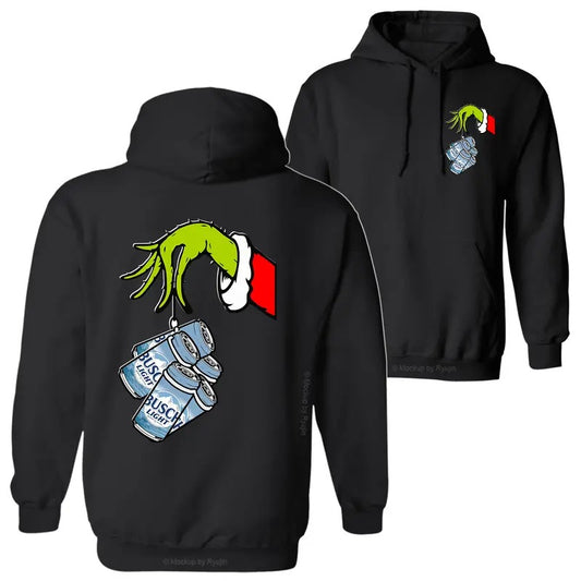 Busch Light The Grin Hand Holding Busch Beer Cans Green Guy Christmas Season 2 Sided Graphic Printed Unisex Classic Cotton Crewneck Hoodie Sweatshirt