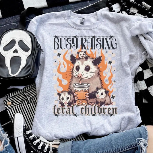 Busy Raising Feral Children Raccoon Opossum  - Ash Grey - Sublimation-  - Unisex Jersey Sweatshirt funny sweatshirts