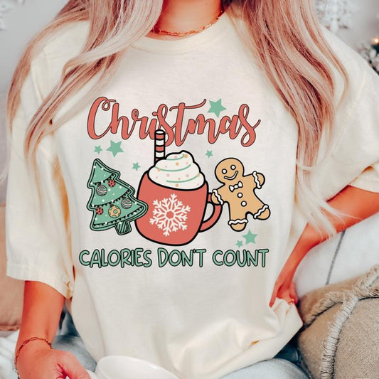 CHRISTMAS CALORIES DON'T COUNT T-SHIRT (COMFORT COLORS T-SHIRT, CASUAL SHIRT UNISEX, CHRISTMAS CLOTHING, GRAPHIC APPAREL, HOLIDAY SHIRT) Cotton Fabric