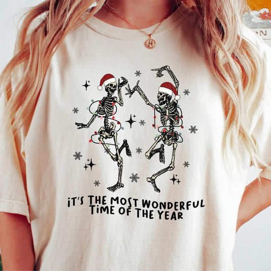 CHRISTMAS MOST WONDERFUL SKELETON  T-SHIRT (COMFORT COLORS T-SHIRT, CASUAL SHIRT UNISEX, CHRISTMAS CLOTHING, GRAPHIC APPAREL, HOLIDAY SHIRT) Cotton Fabric