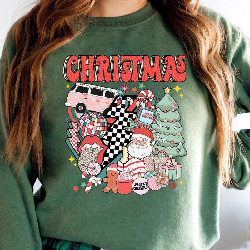 CHRISTMAS RETRO SYMBOLS CREWNECK (Crewneck Sweatshirt, Unisex Fit, Causal Sweatshirt for Christmas, Christmas Holiday Sweatshirt) Womenswear Hoodie