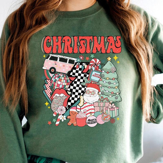 CHRISTMAS RETRO SYMBOLS CREWNECK (Crewneck Sweatshirt, Unisex Fit, Causal Sweatshirt for Christmas, Christmas Holiday Sweatshirt) Womenswear Hoodie