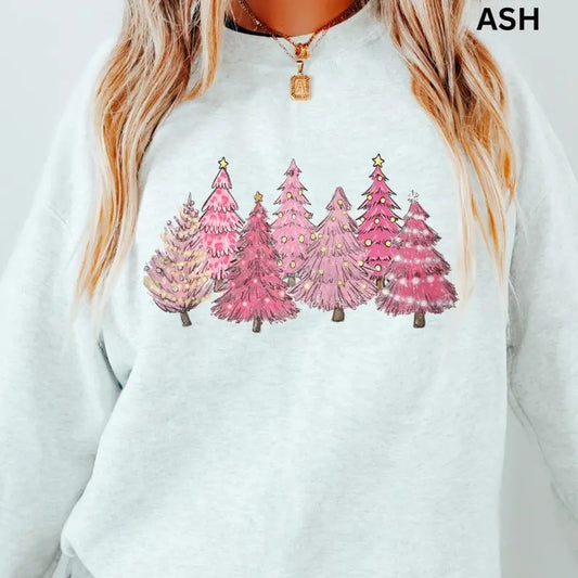 CHRISTMAS SWEATSHIRT, PINK CHRISTMAS TREES #2 CREWNECK (Crewneck Sweatshirt, Unisex Fit, Causal Sweatshirt for Christmas, Christmas Holiday Sweatshirt) Casual Womenswear Everyday Hoodie