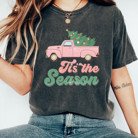 CHRISTMAS TRUCK T-SHIRT (COMFORT COLORS T-SHIRT, CASUAL SHIRT UNISEX, CHRISTMAS CLOTHING, GRAPHIC APPAREL, HOLIDAY SHIRT) Cotton Fabric