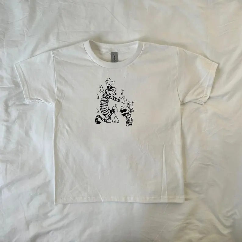 Calvin and Hobbes baby tee, Vintage-Style Cartoon T-Shirt, streetwear clothing, Pinterest, retro, comic duo, 90s stylestyle{n002}2