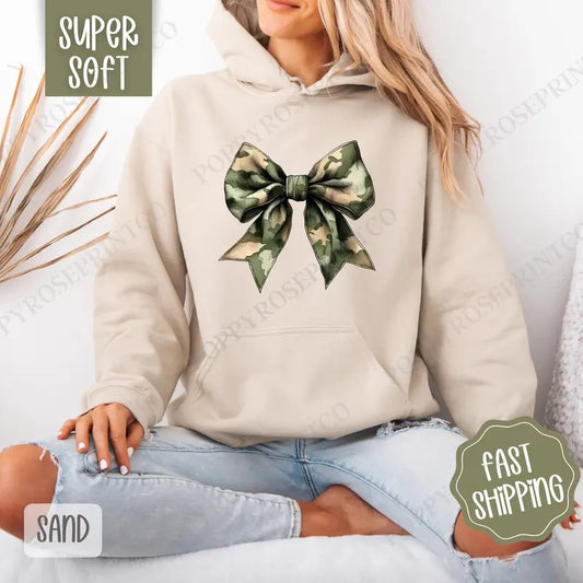 Camo Bow Hoodie, Cute Women's Crewneck, Trendy Women's Hooded Sweater