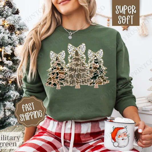 Camo Christmas Trees Sweatshirt, Country Christmas Crewneck,  Womens Holiday Hunting Sweater