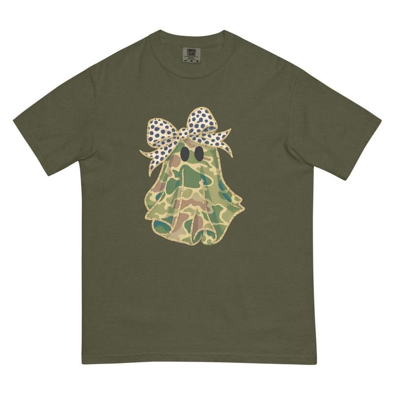 Camo Ghost Bow Shirt - Comfort Colors Unisex Apparel Relaxed Fit Printed In The USA Clothing Womenswear Casual Comfort Cotton Top Athletic Boho Chic