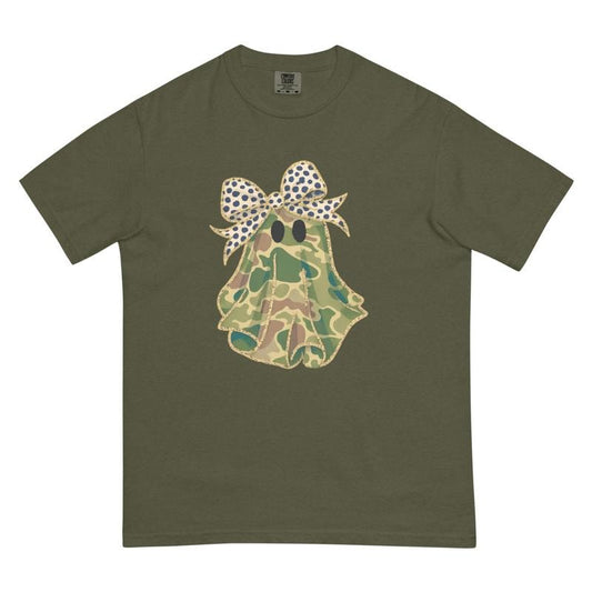 Camo Ghost Bow Shirt - Comfort Colors Unisex Apparel Relaxed Fit Printed In The USA Clothing Womenswear Casual Comfort Cotton Top Athletic Boho Chic