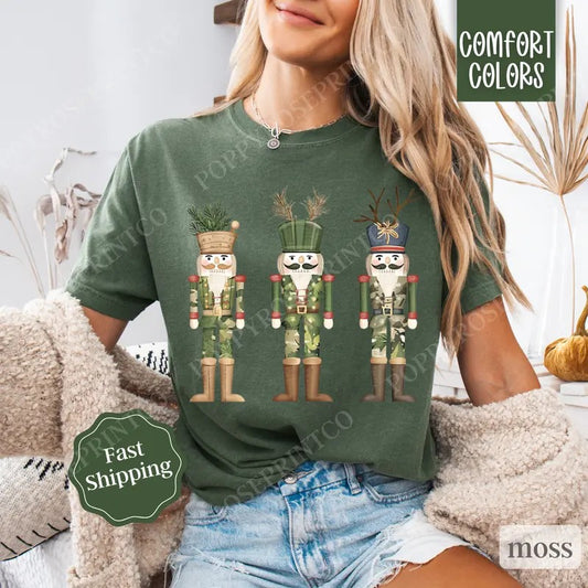 Camo Nutcracker Christmas Trees Shirt Comfort Colors, Country Christmas Tshirt,  Womens Holiday Hunting Tee