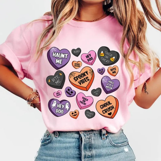 Candy Hearts Halloween Shirt - Sweatshirt - Hoodie, Coquette Halloween Sweatshirt, Spooky Season Sweatshirt, Retro Halloween Shirt , Spooky vibes Shirt , Fall Shirt Halloween Shirt Sublimation, Full Color, For Men, For Women, Casual, Full Sizes, Tee Print