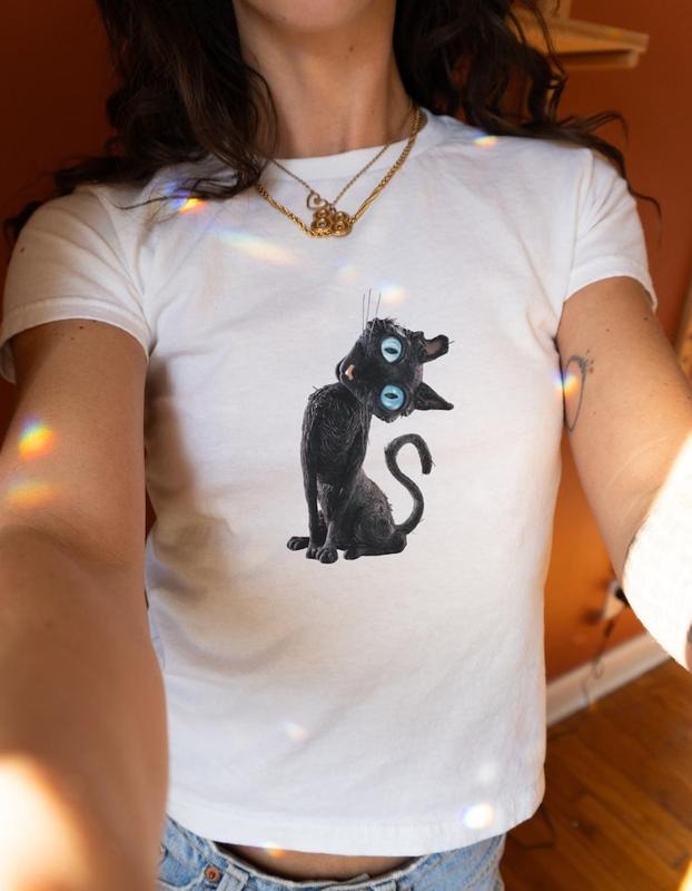 Caroline Black Cat Baby Tee, Y2K Womens Fitted Retro Vintage Movie Tops, Cute Film Gift for Cat Lovers