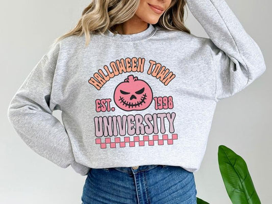 Casual Halloween Town Sweatshirt with Retro Feel, Jack-O-Lantern University Sweatshirt for Men & Women, Colorful Halloween Town University Sweatshirt, Fun & Playful Halloween Sweatshirt