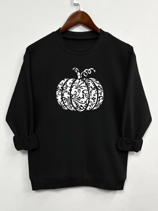 Casual Pumpkin Print Long Sleeve Round Neck Sweatshirt, Available in 9 Colors, Perfect for Fall and Winter Fashion