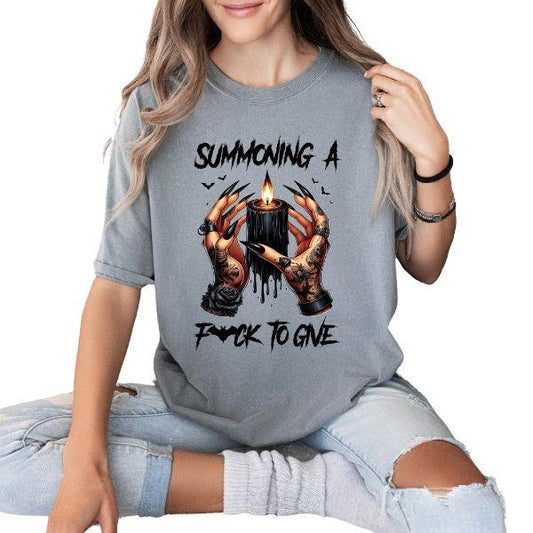 Casual Summoning a Fu$K to Give Unisex Sizing T Shirt Comfortable Graphic Tee with Witches Hand & Black Flame Candle Goth Inspired Shirt Alternative Grunge Vibes Offensive T-Shirt for Women Halloween Themed T Shirt Shortsleeve Fashion