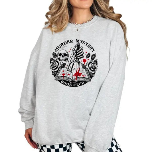 Casual True Crime Book Club Crewneck Sweatshirt, Hoodie & TShirt, Skeleton Graphic Pullover Sweater, Cotton, Womenswear, Long Sleeves Comfort Fit