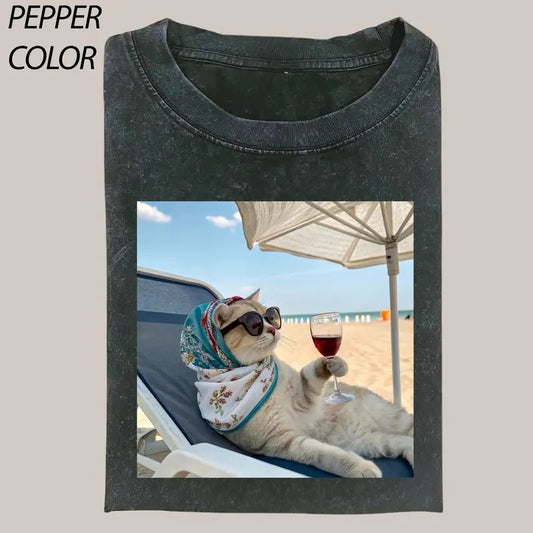 Cat Enjoy the holiday T-Shirt T-Shirt, Cat Enjoy - kitty Vintage Graphic Tee, Funny Cat Shirt, Women's T-shirts Streetwear Top