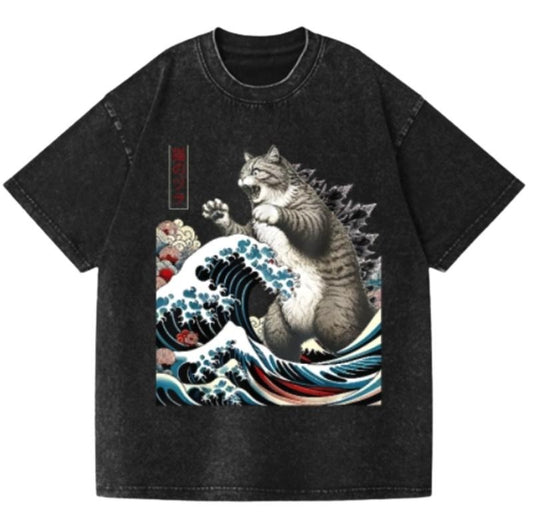 Cat Godzilla Ukiyoe Great Wave Vintage Wash Japanese Design T-Shirt Womenswear Top Comfort Streetwear Summer