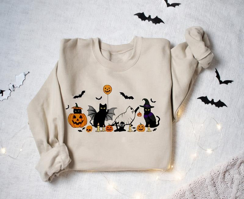Cat Halloween Sweatshirt, Ghost Cat Halloween Shirt, Black Cat And Pumpkin Shirt, Pumpkin Fall Halloween Sweater, Halloween Cat Shirt, Cat Lover Gift Shirt, Black Cat Shirt, Spooky Season Shirt