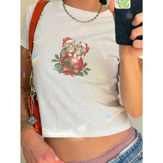 Cat Kitten Coquette Christmas Baby tee, Womens Christmas Baby tee, Holiday Baby tee, Cat Mommy Shirt, Winter Shirt Casual Comfort