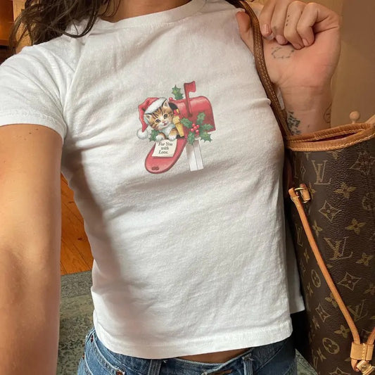 Cat Kitten in Mail Coquette Christmas Baby Tee - Bold and Trendy Graphic Tee for Women - Comfort, Casual Top Womenswear