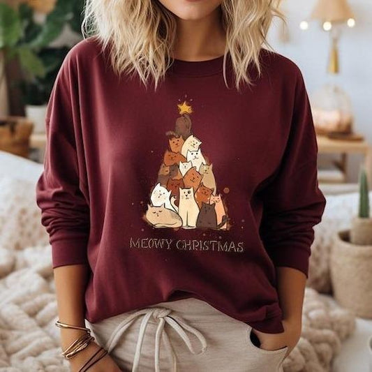 Cat Lover Sweatshirt, Funny Christmas Sweater, Holiday Crewneck, Meowy Christmas T-Shirt, Cute Cat Hoodie, Meaowy Christmas Shirt For Her, Hoodie and Sweater; T-shirt Cotton Polyester