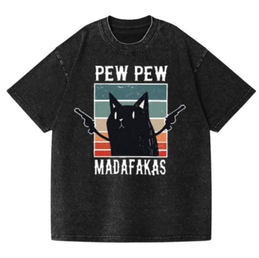Cat Pew Pew Madafakas Vintage Wash Japanese Design T-Shirt, Funny Anime Graphic Tee Shortsleeve Comfort Top