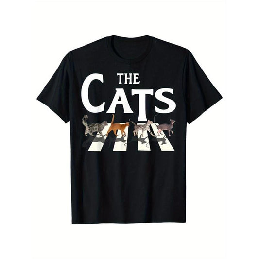 Cat Print men's cotton T-shirt, Graphic T-shirt Men's outdoor wear, Men's clothing, casual short-sleeved crew neck T-shirt, soft and comfortable top Made in USA