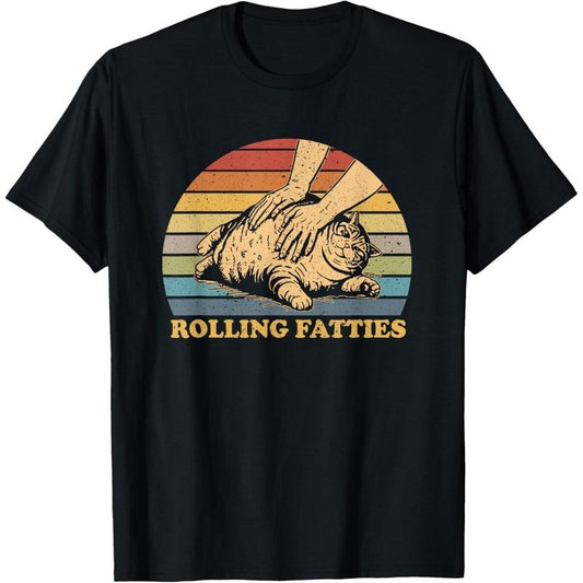 Cat Rolling Fatties Funny Unisex-Adults and Kids Black Polyester Cartoon Animal Cat T-Shirt made in USA