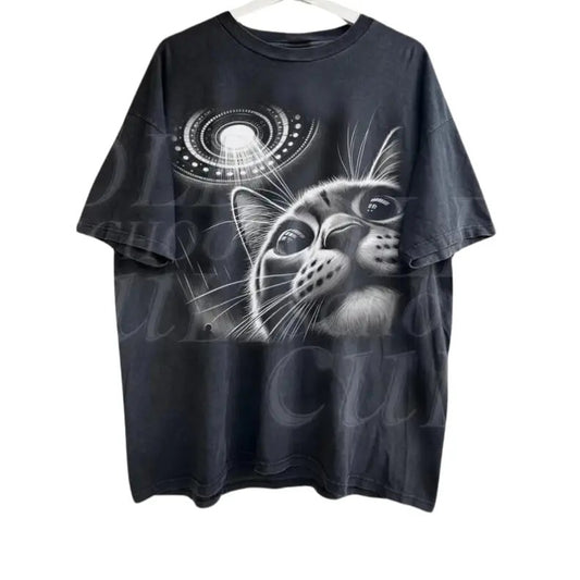 Cat Selfie With Ufo Vintage Graphic 90s Style T-Shirt, Unisex Retro Funny Cat Graphic Tee, Ufo Meme Cat Shirt, Alien Gag Adult Shirts, Y2k Apparel