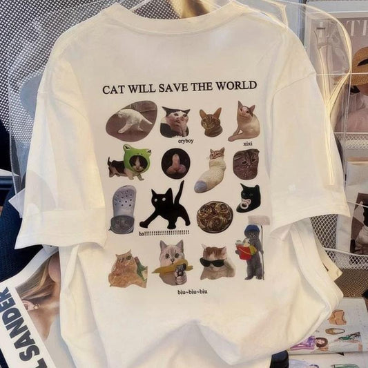 Cat will save the world Tee, Funny Cat Meme, Cute Cat Tshirt, Fantasy Kitten Tshirt, Love Cat Tshirt, Meme Cringe Funny Dumb Shirts, Unisex Graphic Tees Gothic Grunge Y2k Emo Scene Amity Affliction Style Clothes Menswear Womenswear Streetwear