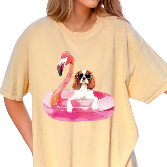 Cavalier Flamingo Float Dog Shirt ~ Unisex Apparel Relaxed Fit Printed In The USA Clothing Womenswear Casual Comfort Cotton Top Athletic Boho Chic