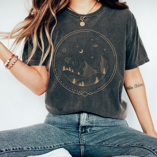 Celestial Comfort Colors Shirt, Sun and Moon T-Shirt, Astronomy Mountains TShirt, Boho Oversized Vintage Style Hippie Tee, Bookish Tee