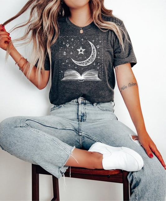 Celestial Dark Academia Book T-Shirt, Magic Book Moon Stars T-Shirt, Cottagecore T Shirt Goblincore T-Shirt Chaos Witch Tee Crescent Book Shirt