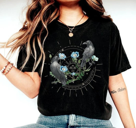Celestial Ravens and Thistles, Bird Lover Shirt, Moon Phase Shirt, Floral Gift Tee, Whimsigoth ,Mystic Mama Shirt, Witchy Crowcore,Gift Idea