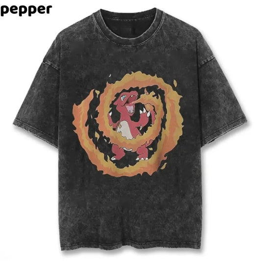 Chameleon Flame Spiral  Washed Vintage Tee , Chameleon Flame Spiral Shirt Anime, Pokemon Shirt, Pokemon Merch, Manga Shirt, Pokemon for fan, Gift for him, Gift for her Menswear Top Streetwear Tropical Biker Shortsleeve Casual T-Shirt Crewneck Sweatshirt,