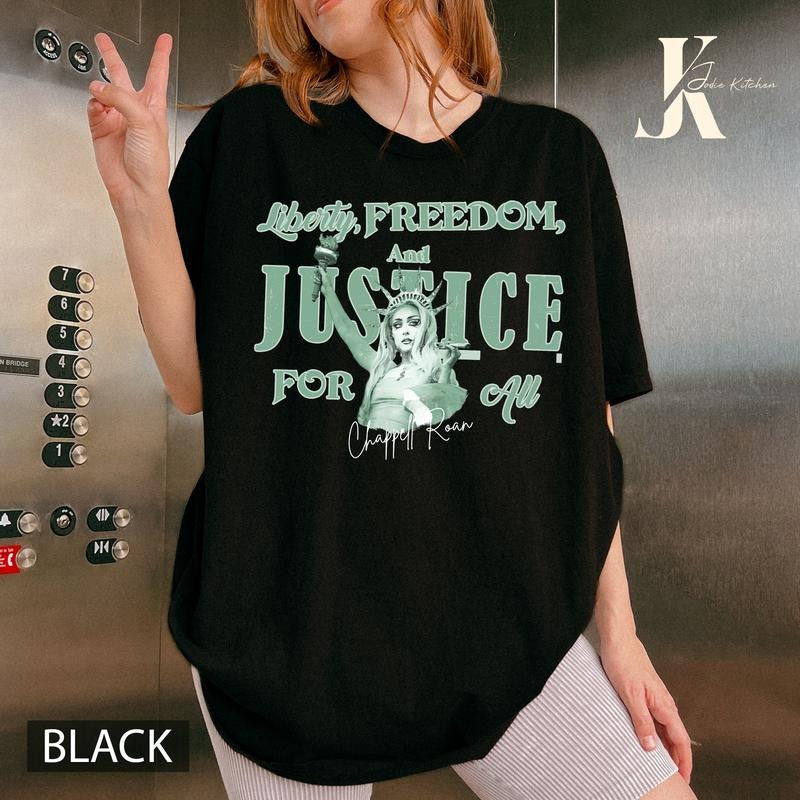 Chappell Justice For All T- Shirt, Chappell Music Shirt, Chappell Roan Lady Liberty T Shirt ,Chappell Roan Shirt, Chappell Roan Merch, The Rise and Fall of a Midwest Princess Shirt