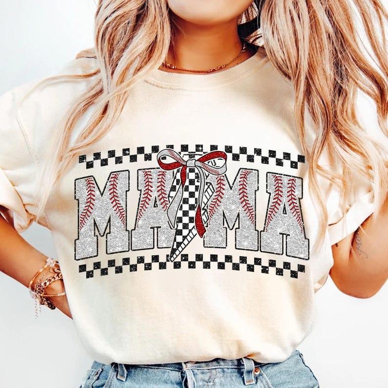 Checkered Baseball Mama, Retro Game Day, Baseball Bow T-shirt