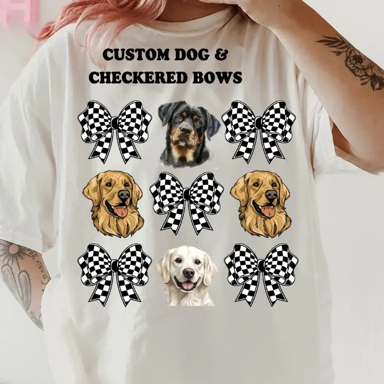 Checkered Bow & Custom Dog Shirt~ Unisex Apparel Relaxed Fit Printed In The USA Clothing Womenswear Casual Comfort Cotton Top Athletic Boho Chic